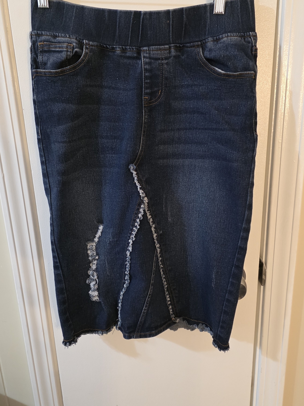 Dark Blue Distressed Denim Pencil Skirt